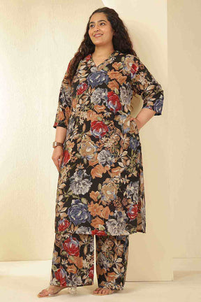 Plus Size Elegant Black Floral Print Rayon Muslin Kurta Coord Set