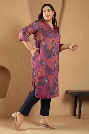 Plus Size Magenta Paisley Print V-Neck Satin Kurta