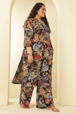 Plus Size Elegant Black Floral Print Rayon Muslin Kurta Coord Set