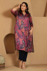 Plus Size Magenta Paisley Print V-Neck Satin Kurta