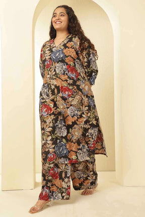 Plus Size Elegant Black Floral Print Rayon Muslin Kurta Coord Set