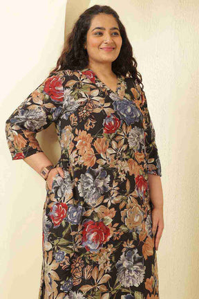 Plus Size Elegant Black Floral Print Rayon Muslin Kurta Coord Set