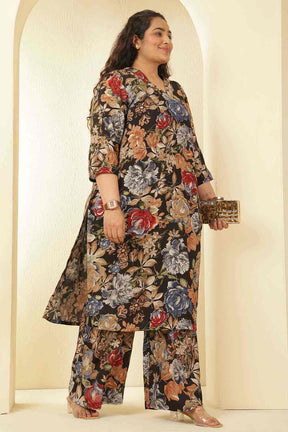 Plus Size Elegant Black Floral Print Rayon Muslin Kurta Coord Set