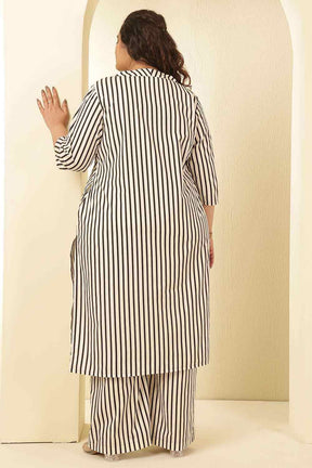 Plus Size Black & White Striped V Neck Cotton Kurta Coord Set