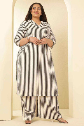 Plus Size Black & White Striped V Neck Cotton Kurta Coord Set