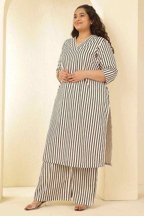 Plus Size Black & White Striped V Neck Cotton Kurta Coord Set