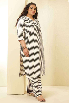 Plus Size Black & White Striped V Neck Cotton Kurta Coord Set