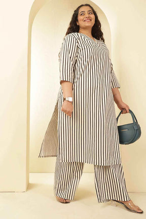 Plus Size Black & White Striped V Neck Cotton Kurta Coord Set