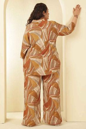 Plus Size Brown Printed Rayon Muslin Shirt Coord Set
