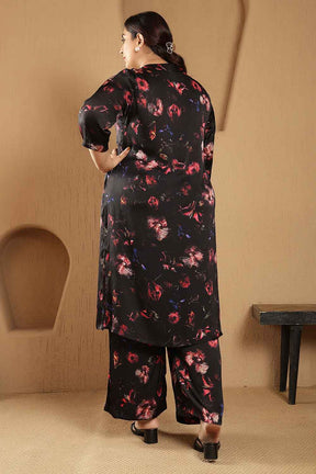 Plus Size Black Floral Print Kurta Satin Coord Set