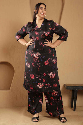 Plus Size Black Floral Print Kurta Satin Coord Set