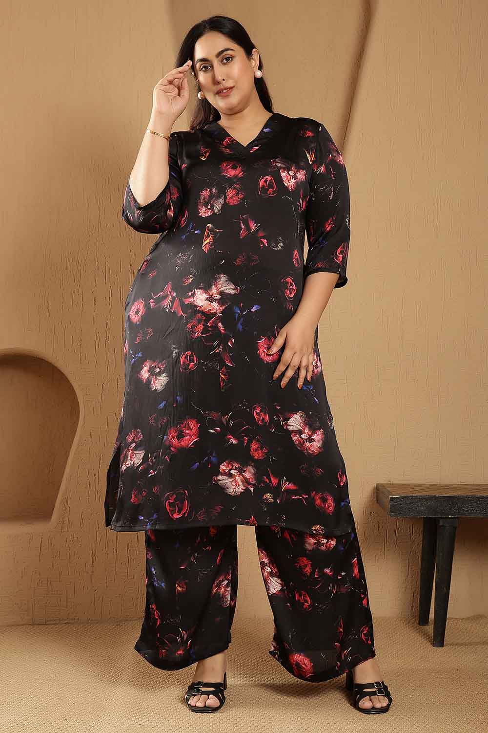 Plus Size Black Floral Print Kurta Satin Coord Set