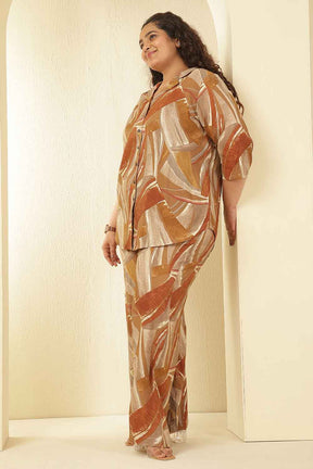 Plus Size Brown Printed Rayon Muslin Shirt Coord Set