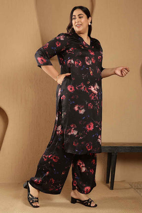 Plus Size Black Floral Print Kurta Satin Coord Set