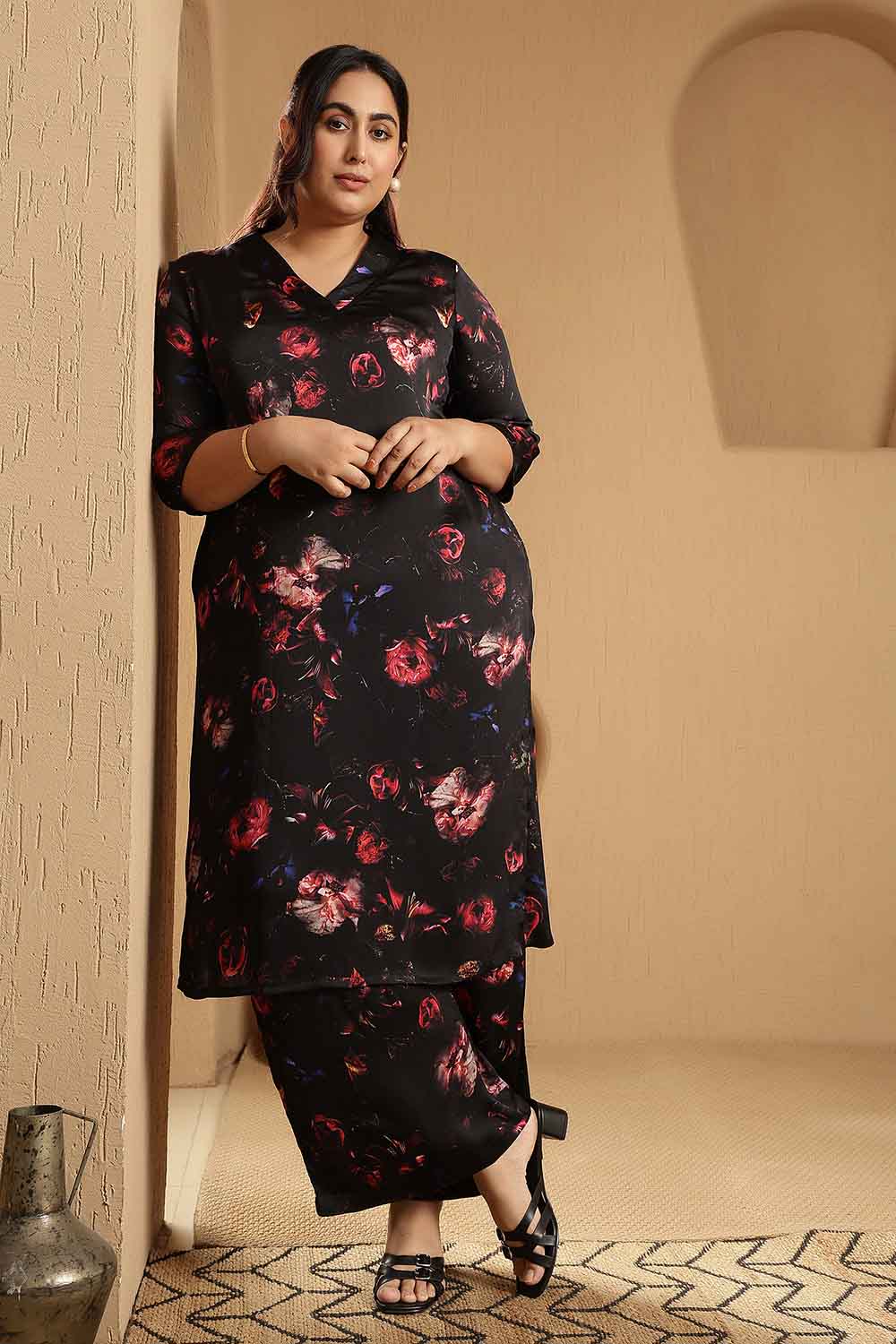 Plus Size Black Floral Print Kurta Satin Coord Set