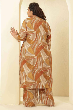 Plus Size Brown Printed Rayon Muslin Kurta Coord Set