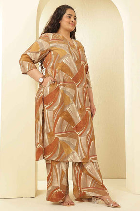 Plus Size Brown Printed Rayon Muslin Kurta Coord Set