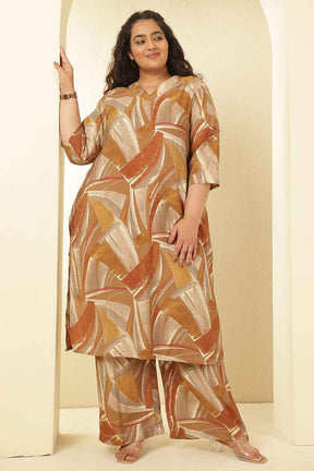 Plus Size Brown Printed Rayon Muslin Kurta Coord Set