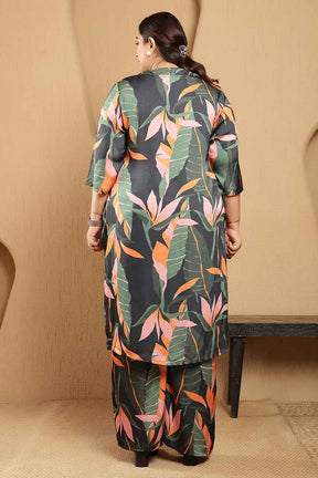 Plus Size Black Tropical Leaf Print Satin Kurta Coord Set
