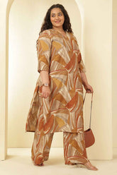 Plus Size Brown Printed Rayon Muslin Kurta Coord Set