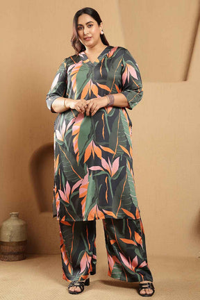 Plus Size Black Tropical Leaf Print Satin Kurta Coord Set