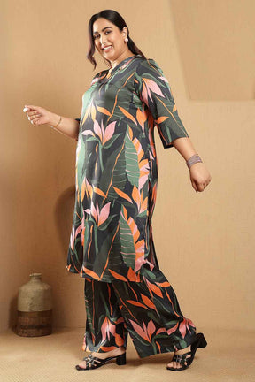 Plus Size Black Tropical Leaf Print Satin Kurta Coord Set