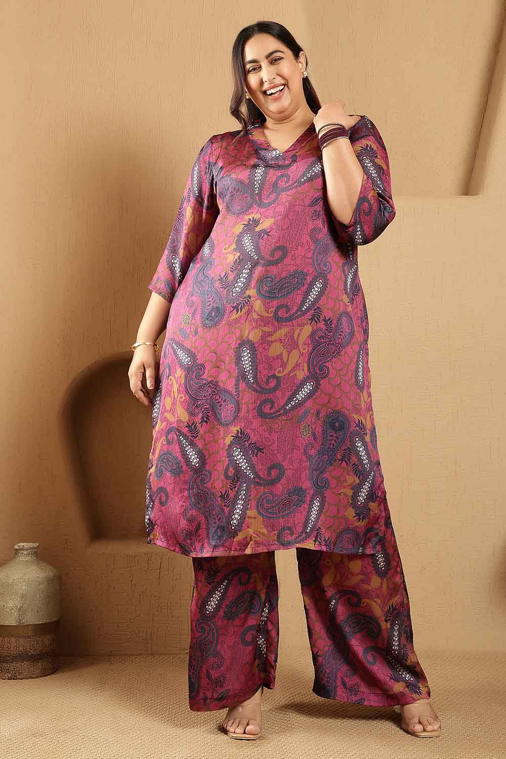 Plus Size Magenta Paisley Print Kurta Satin Coord Set
