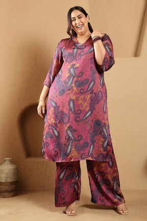Plus Size Magenta Paisley Print Kurta Satin Coord Set