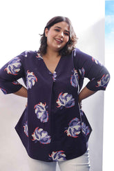 Plus Size Dark Blue Floral Print V Neck Top