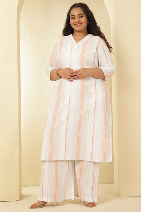 Plus Size White & Pink Striped Cotton Kurta Coord Set