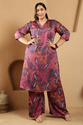Plus Size Magenta Paisley Print Kurta Satin Coord Set