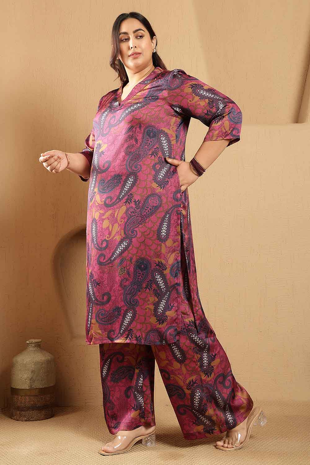Plus Size Magenta Paisley Print Kurta Satin Coord Set