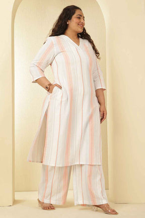 Plus Size White & Pink Striped Cotton Kurta Coord Set