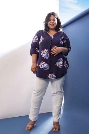 Plus Size Dark Blue Floral Print V Neck Top