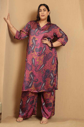 Plus Size Magenta Paisley Print Kurta Satin Coord Set