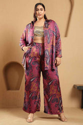 Plus Size Magenta Paisley Print Shirt Satin Coord Set