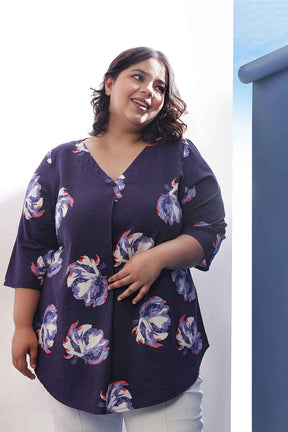 Plus Size Dark Blue Floral Print V Neck Top