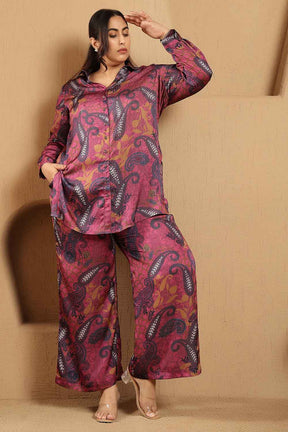 Plus Size Magenta Paisley Print Shirt Satin Coord Set