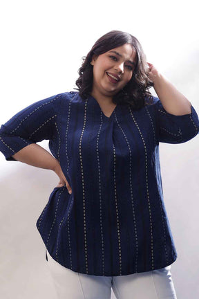 Plus Size Blue Weave Work  V Neck Cotton Top
