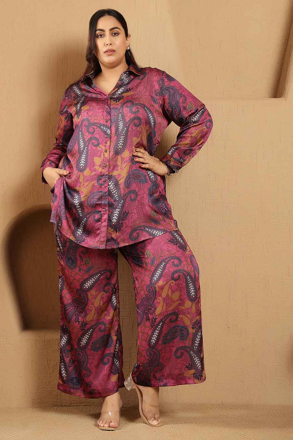 Plus Size Magenta Paisley Print Shirt Satin Coord Set for Women
