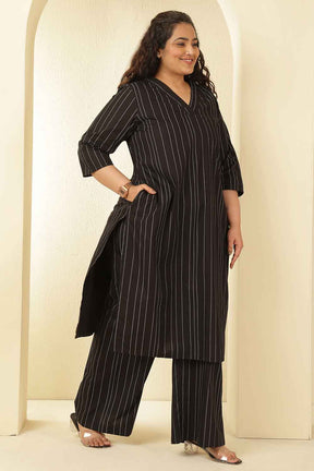 Plus Size Black Stripe Cotton V Neck Kurta Coord Set