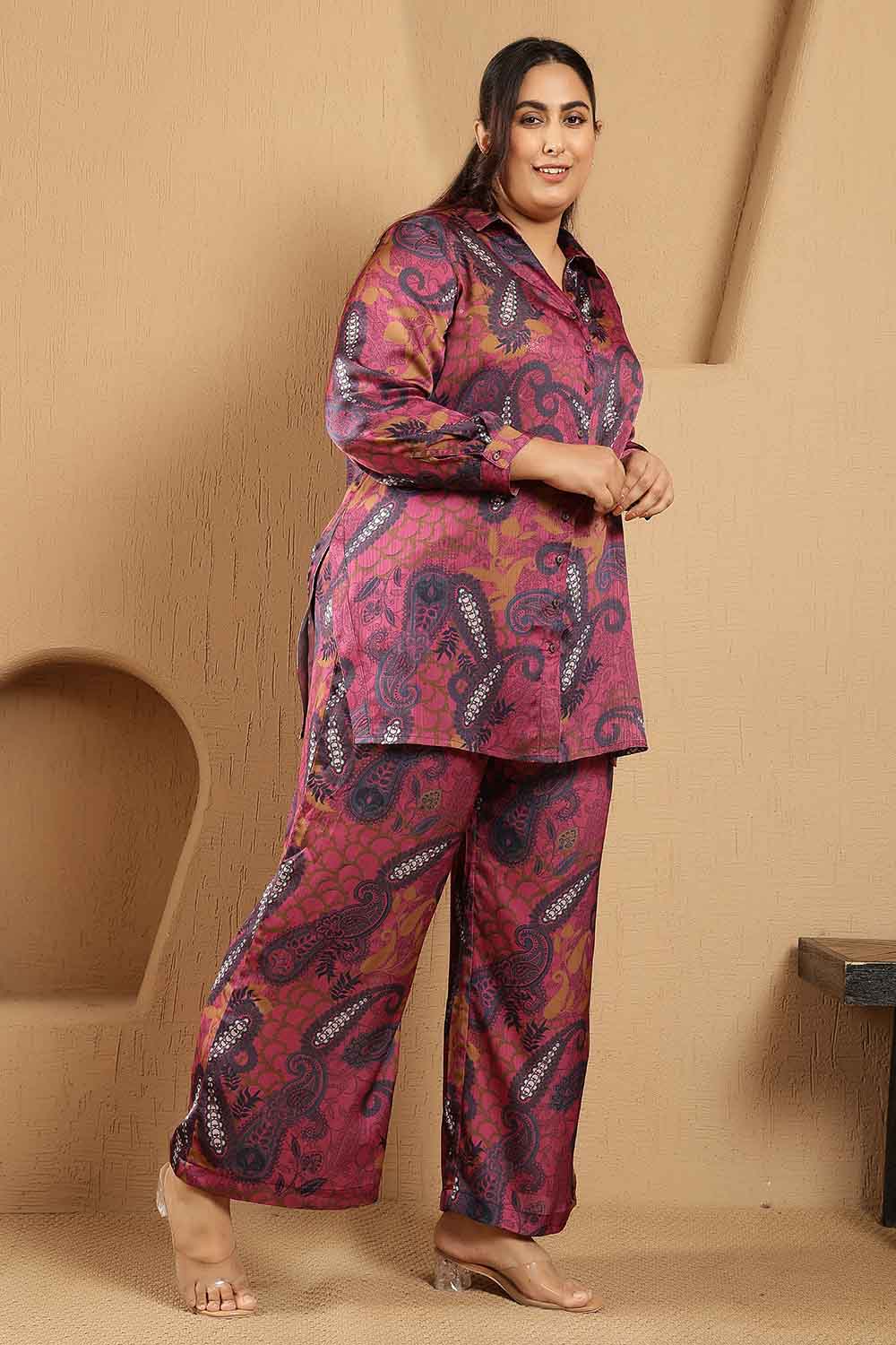 Plus Size Plus Size Magenta Paisley Print Shirt Satin Coord Set