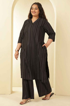 Plus Size Black Stripe Cotton V Neck Kurta Coord Set