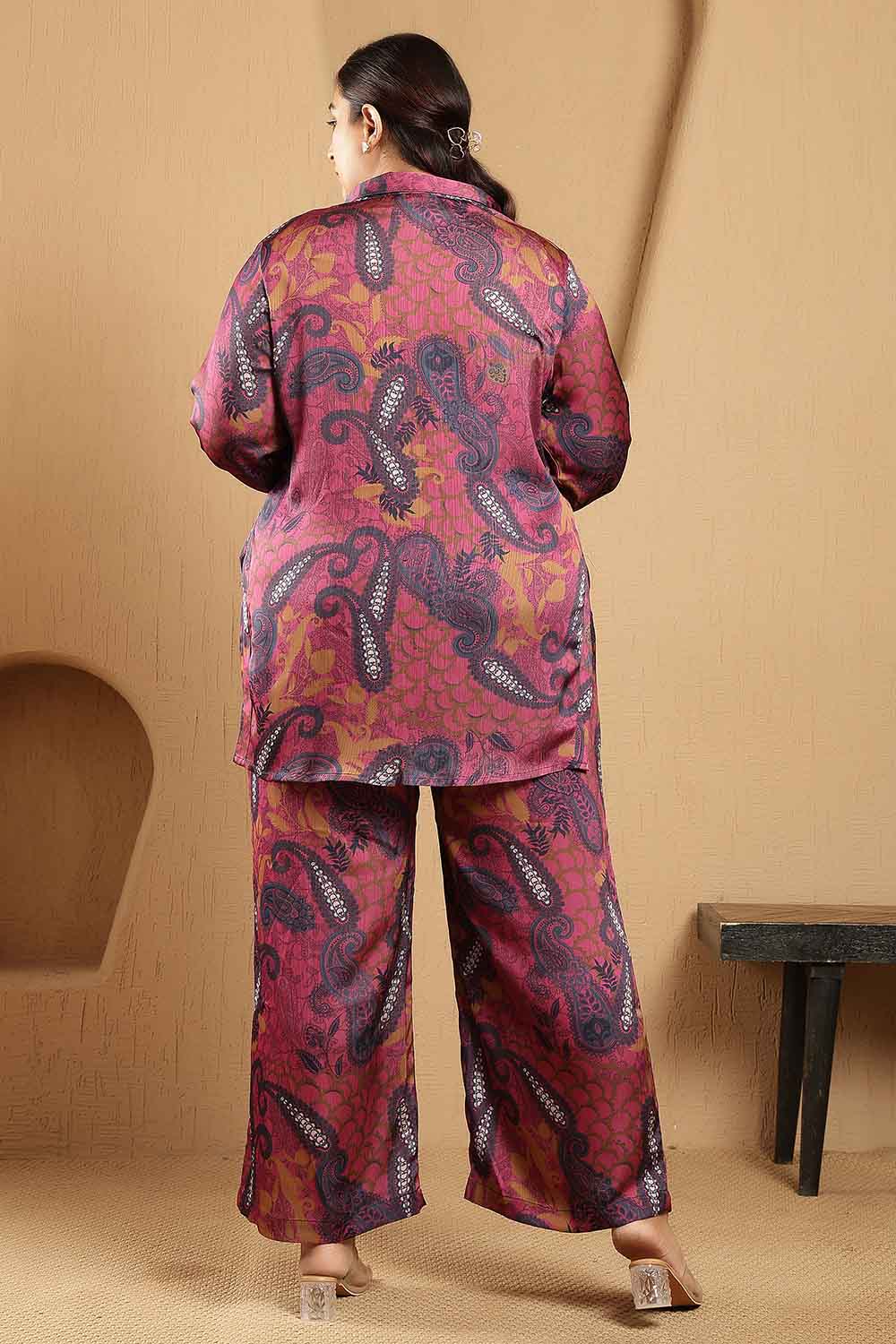 Plus Size Magenta Paisley Print Shirt Satin Coord Set
