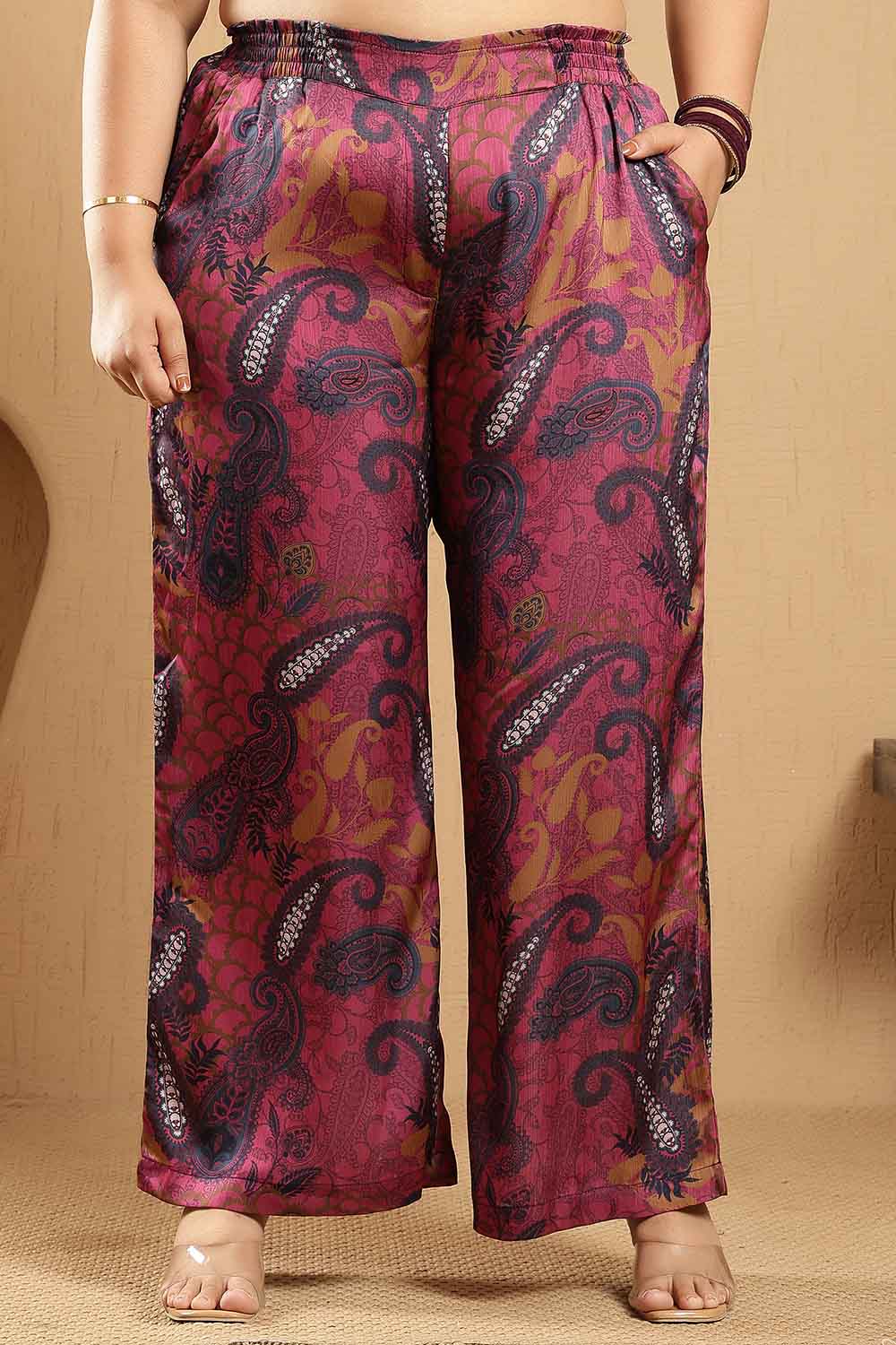 Plus Size Magenta Paisley Print Kurta Satin Coord Set