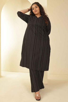 Plus Size Black Stripe Cotton V Neck Kurta Coord Set