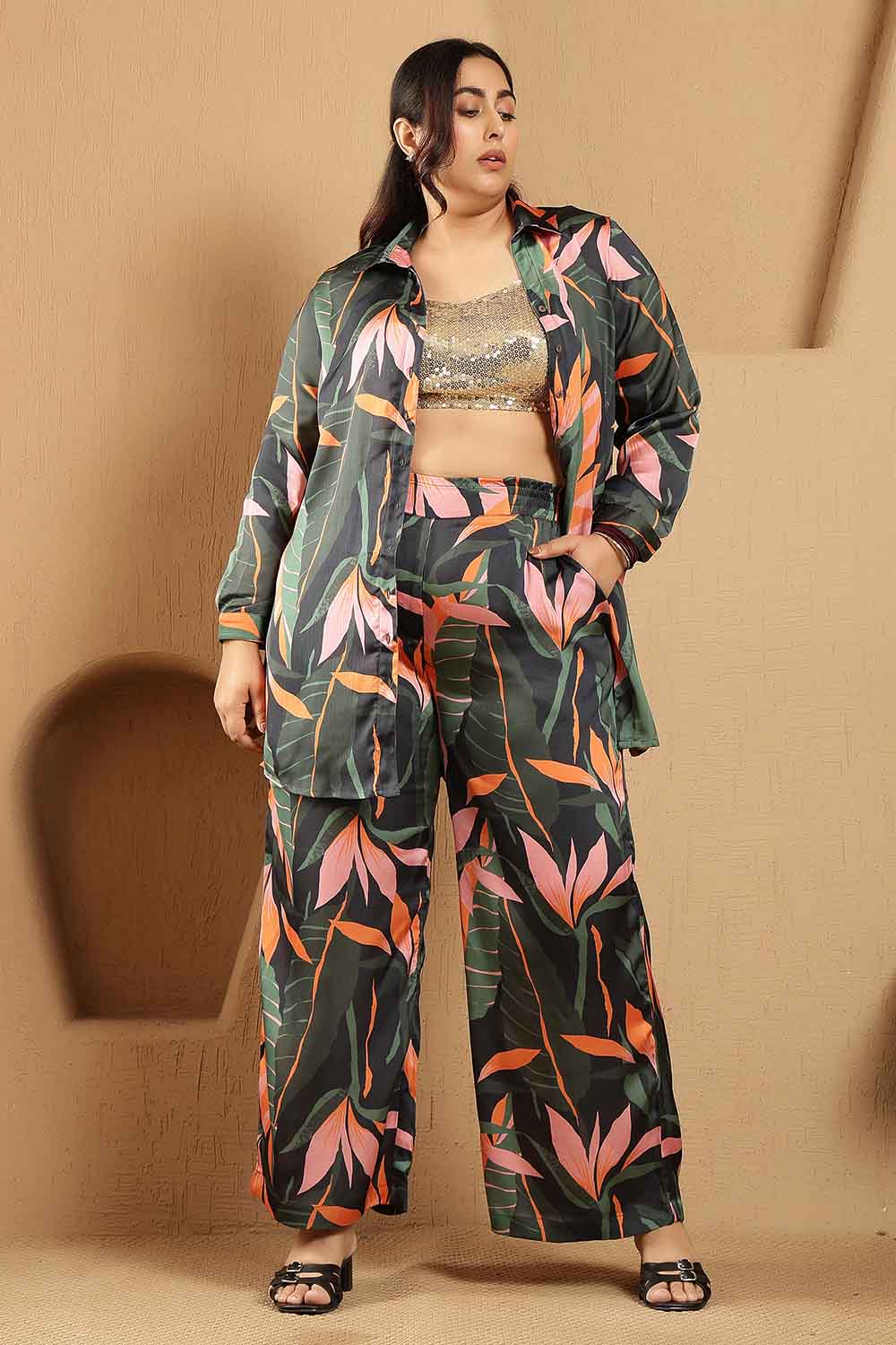 Plus Size Black Tropical Leaf Print Satin Shirt Coord Set