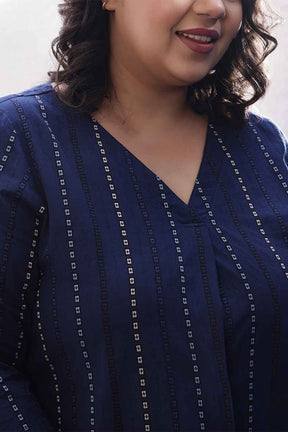 Plus Size Blue Weave Work  V Neck Cotton Top