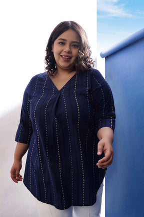 Plus Size Blue Weave Work  V Neck Cotton Top