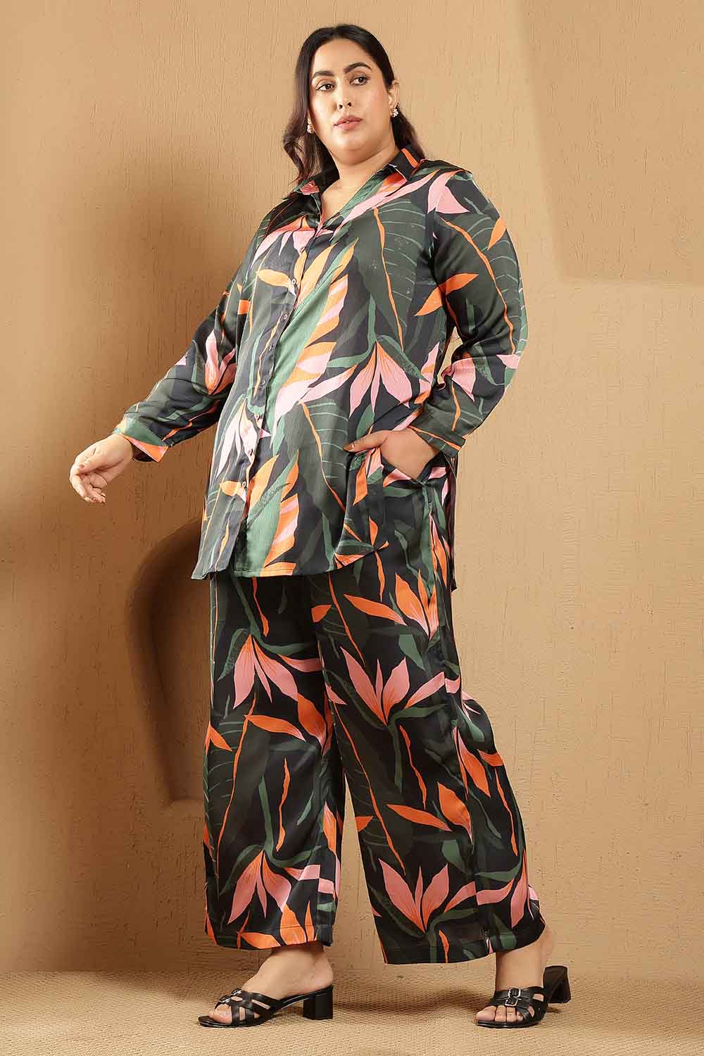 Comfortable Plus Size Black Tropical Leaf Print Satin Shirt Coord Set